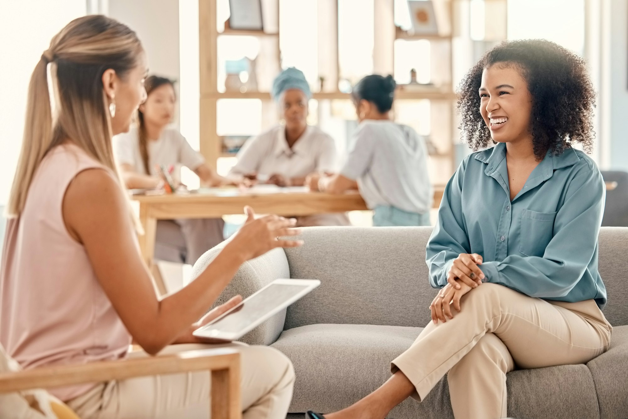 Teamwork, black business women with tablet for digital SEO, planning or collaboration for analytics
